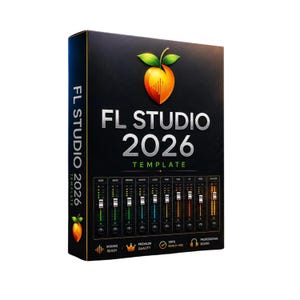 May include: A black rectangular box for FL Studio 2026 Template featuring a stylised orange peach logo with a sound wave graphic. The front displays a digital audio mixer interface with multiple faders, text labels, and icons for mixing ready, premium quality, royalty free, and professional sound.