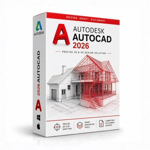 May include: A white rectangular software box for Autodesk AutoCAD 2026. The front features a red wireframe house illustration, the text "DESIGN. DRAFT. DOCUMENT.", "AUTODESK AUTOCAD 2026", and "PRECISE 2D & 3D DESIGN SOLUTION" with icons for drafting, tools, and support.