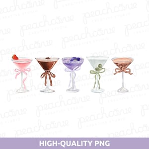 Bow Martinis PNG, Coquette Martini Clipart, Summer Bar Cart PNG, Akwarelowe kieliszki do martini, Espresso Martini, Uroczy minimalistyczny projekt koktajlowy