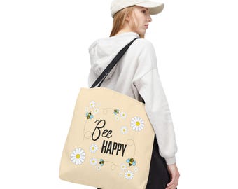 Bee Happy Daisy Tote Bag | Floral Canvas Shopping Bag (Reusable, Eco-Friendly)