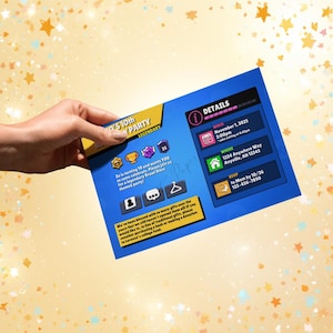 May include: A blue party invitation with the text "Zo's 10th Party Legendary". The invitation includes details for a Brawl Stars themed party, including the date, time, and location. RSVP information is also provided.