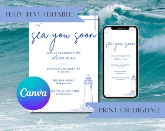Sea You Soon Baby Shower Invitation | Instant Digital Download | Fully Editable in Canva