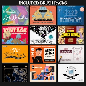 Peut inclure: Une collection de packs de pinceaux num&eacute;riques pour Adobe Illustrator. L'image pr&eacute;sente divers packs th&eacute;matiques, notamment des aquarelles, des bandes dessin&eacute;es vintage et des styles d'artistes des ann&eacute;es 1950. Chaque pack contient des illustrations et du texte uniques.