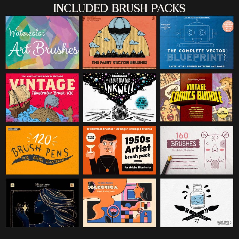 Peut inclure: Une collection de packs de pinceaux num&eacute;riques pour Adobe Illustrator. L'image pr&eacute;sente divers packs th&eacute;matiques, notamment des aquarelles, des bandes dessin&eacute;es vintage et des styles d'artistes des ann&eacute;es 1950. Chaque pack contient des illustrations et du texte uniques.