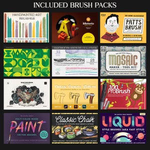Peut inclure: Une collection de packs de pinceaux num&eacute;riques pour Adobe Illustrator et d'autres logiciels de conception. L'image pr&eacute;sente divers ensembles de pinceaux avec des titres tels que "Handpainted Art Brushes", "Mosaic Maker" et "Liquid Style Brushes". Chaque pack propose des styles et effets uniques.
