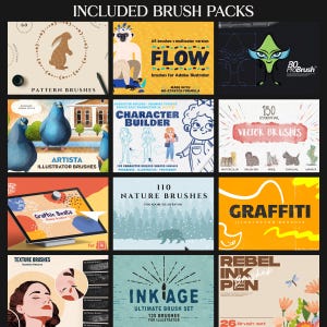 Peut inclure: Une grille de packs de pinceaux d'art num&eacute;rique pour Adobe Illustrator. Les packs comprennent des pinceaux de motifs, des outils de cr&eacute;ation de personnages, des pinceaux vectoriels, des pinceaux de nature, des pinceaux de graffiti, etc. Chaque pack a un design et une palette de couleurs uniques.