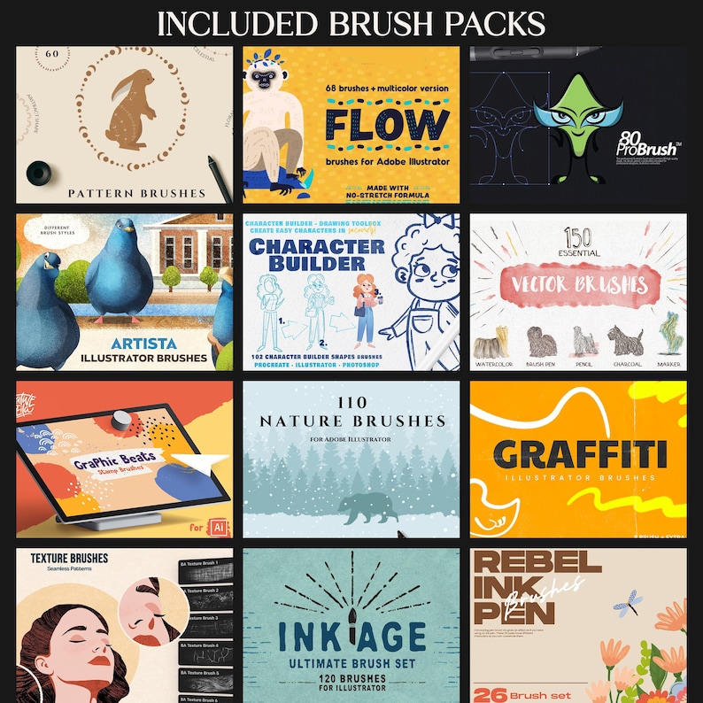 Peut inclure: Une grille de packs de pinceaux d'art num&eacute;rique pour Adobe Illustrator. Les packs comprennent des pinceaux de motifs, des outils de cr&eacute;ation de personnages, des pinceaux vectoriels, des pinceaux de nature, des pinceaux de graffiti, etc. Chaque pack a un design et une palette de couleurs uniques.