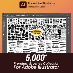 Puede incluir: Un gráfico de arte digital que muestra una colección de trazos y patrones de pincel negros. La imagen incluye el texto "For Adobe Illustrator" y "5.000+ Premium Brushes Collection". Los trazos de pincel se muestran en una pantalla de ordenador.
