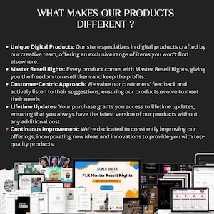 Peut inclure: Image pr&eacute;sentant des produits num&eacute;riques avec le texte "WHAT MAKES OUR PRODUCTS DIFFERENT ?". L'image comprend des ordinateurs portables, des tablettes et des documents imprim&eacute;s. Le texte met en &eacute;vidence les produits num&eacute;riques uniques, les droits de revente principaux, l'approche centr&eacute;e sur le client, les mises &agrave; jour &agrave; vie et l'am&eacute;lioration continue.