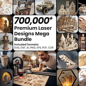 May include: A collection of laser-cut wooden designs, including a jeep, a sewing machine, a lighthouse, and a dinosaur. The image also features the text "700,000+ Premium Laser Designs Mega Bundle" and included file formats.