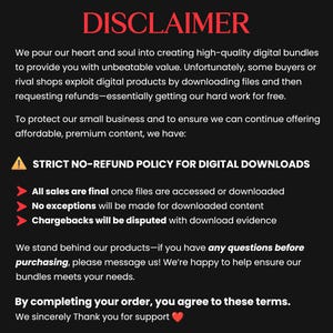 Peut inclure: Fond noir avec le mot &laquo; DISCLAIMER &raquo; en rouge. Le texte explique la politique de non-remboursement pour les t&eacute;l&eacute;chargements num&eacute;riques. Il est &eacute;galement indiqu&eacute; que toutes les ventes sont d&eacute;finitives et que les refacturations seront contest&eacute;es.