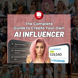 Puede incluir: Imagen promocional con el texto "The Complete Guide to Create Your Own AI Influencer". La imagen presenta a una mujer con cabello rosado, una pantalla digital que muestra un saldo de 27.000 €, y varias otras imágenes de mujeres.