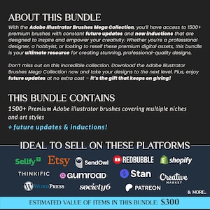 Peut inclure: Graphique promotionnel pour une collection de pinceaux Adobe Illustrator, avec plus de 1500 pinceaux premium et des mises &agrave; jour futures. Le graphique met en &eacute;vidence des plateformes comme Etsy et Shopify. Valeur estim&eacute;e du lot : 275 &euro;.