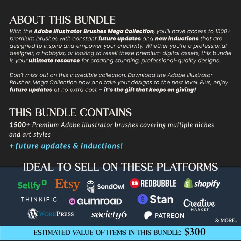 Peut inclure: Graphique promotionnel pour une collection de pinceaux Adobe Illustrator, avec plus de 1500 pinceaux premium et des mises &agrave; jour futures. Le graphique met en &eacute;vidence des plateformes comme Etsy et Shopify. Valeur estim&eacute;e du lot : 275 &euro;.