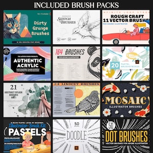 Peut inclure: Une grille de packs de pinceaux num&eacute;riques pour Adobe Illustrator. Les packs incluent divers styles tels que grunge, croquis, acrylique, pastel, linogravure, mosa&iuml;que et gribouillis. Chaque pack pr&eacute;sente un design et un titre uniques.