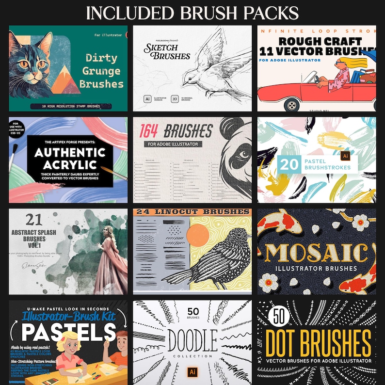 Peut inclure: Une grille de packs de pinceaux num&eacute;riques pour Adobe Illustrator. Les packs incluent divers styles tels que grunge, croquis, acrylique, pastel, linogravure, mosa&iuml;que et gribouillis. Chaque pack pr&eacute;sente un design et un titre uniques.