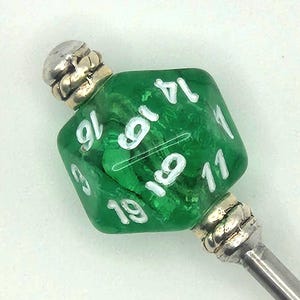 Emerald Crystal Shard Mini D20 Hair Stick, Polyhedral RPG Dice Custom Length Stainless Steel Updo Pin, Sturdy Nerdy Gamer Bun Holder