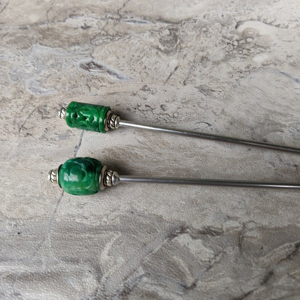 Jadesong Stainless Steel Hair Stick Collection, Natural Jade Custom Length Epic Updo Pin with Choice of Pillar, or Oval Carved Topper