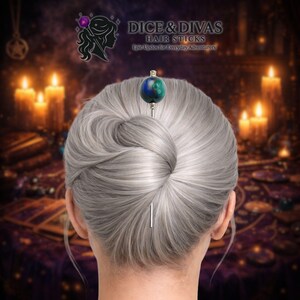 Oracle's Orb Hair Stick — Aurora Borealis Celestial Divination Sphere Updo Pin, Custom Length Stainless Steel Secure All-Day Bun Holder
