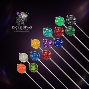 Epic D20 Crystal Shards Hair Stick Series, RPG Dice Custom Length Stainless Steel Updo Pin, Fantasy Gamer Bun Holder in 13 Jewel Colors