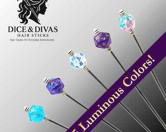 Mini D20 Luminary Hair Stick Series, RPG Dice Custom Length Stainless Steel Updo Pin, Fantasy Gamer Bun Holder in 5 Glow in the Dark Colors