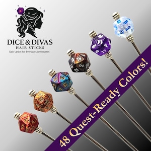 Mini D20 Polyhedral Dice Hair Stick, Strong Stainless Steel Custom Length RPG Updo Pin, Sturdy Nerdy DND Gamer Hair Bodkin in 48 Epic Colors