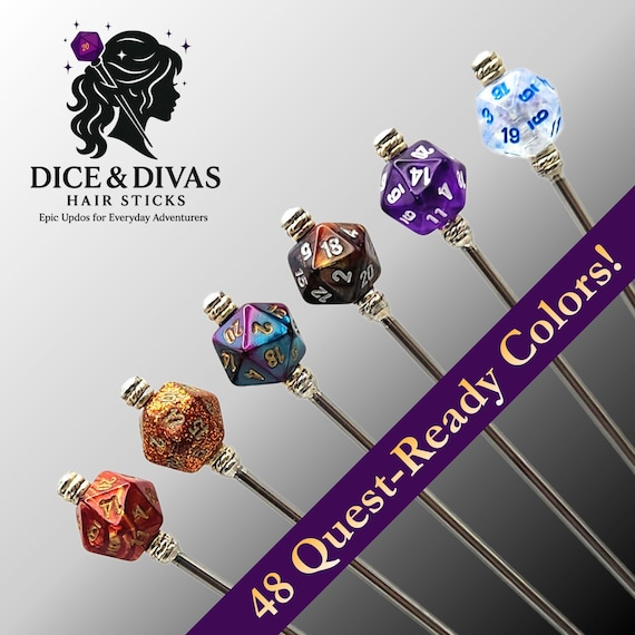 Mini D20 Polyhedral Dice Hair Stick, Strong Stainless Steel Custom Length RPG Updo Pin, Sturdy Nerdy DND Gamer Hair Bodkin in 48 Epic Colors