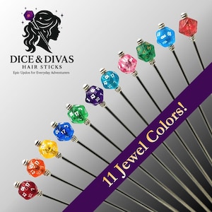 Mini D20 Crystal Shards Hair Stick Series, RPG Dice Custom Length Stainless Steel Updo Pin, Fantasy Gamer Bun Holder in 11 Jewel Tone Colors