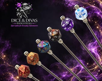 May include: A set of six hair sticks, each topped with a multi-faceted 20-sided die in various colors including red, orange, blue, brown, purple, and clear with blue numbers. The metal sticks feature silver-toned accents and decorative beads.