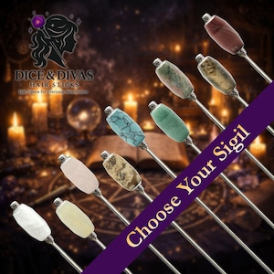 Gemstone Diva Sigil Hair Stick Series — Epic Presence Power Icon Updo Pin, Modern Medieval Fantasy Custom Length Stainless Steel Bun Holder