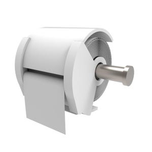 May include: A white, modern toilet roll holder with a partially visible roll of paper. The holder has a cylindrical design with a silver-coloured rod for holding the roll. The design is minimalist and clean.
