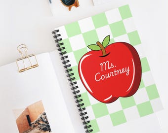 Teacher Personalized Spiral Notebook - Big Apple Green White Checks, Christmas Gift, Ruled Line, Custom School Notepad, Planner for Educator