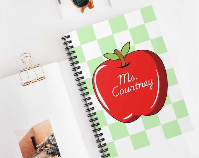 Featured listing image: Teacher Personalized Spiral Notebook - Big Apple Green White Checks, Christmas Gift, Ruled Line, Custom School Notepad, Planner for Educator