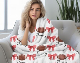 Personalized Velveteen Football Blanket with Name Bows - Velveteen Plush Blanket