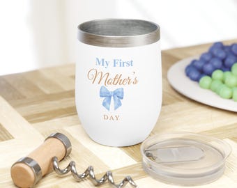 Wine Tumbler, Blue Bow Design, Mother's Day Gift, Boy Mom Present, First Mother's Day, personalized with child's name and birthdate