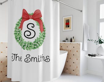 Christmas Wreath Personalized Shower Curtain, Holiday Decor Gift, Custom Family Name Bathroom Decor, Red Bow Initial Shower Curtains,
