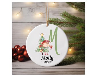 Adorable Christmas Girl Elf Initial, Name & Date, Personalized Holiday Gift, Tree Decoration