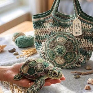 Häkelanleitung für eine Meeresschildkröte als Amigurumi, faltbare Einkaufstasche (PDF), Fortgeschrittenen-Niveau