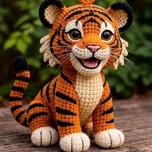 Può includere: Un cucciolo di tigre all'uncinetto con strisce arancioni e nere, dettagli beige e un naso rosa. Il peluche fatto a mano ha un'espressione sorridente ed è seduto su una superficie di legno. Gli occhi della tigre sono grandi e marroni.