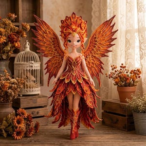 May include: A handcrafted crochet doll featuring a fairy with large, intricate wings in shades of orange, red, and yellow. The doll wears a matching feather-patterned dress and headpiece, with detailed stitching throughout the entire figure.