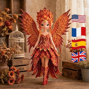 Modello Amigurumi per bambola fata fantasy all'uncinetto: bambola artistica da 25 cm (PDF), ali con texture (lingua francese, spagnola e inglese)
