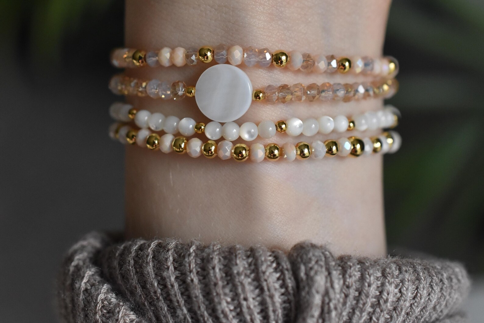 Pristine Beaded Bracelet Stack ~ Crystal and Mother of Pearl Stacked ...