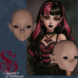 May include: Illustration of a doll with black and pink hair, dark makeup, and a gothic aesthetic. Two blank doll faces are also shown. The doll wears a black choker and a red and black dress. The image includes the text "Seiyna's Dollhouse".