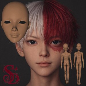 May include: A digital art image featuring a realistic doll face and two doll bodies. The face has a neutral expression and is a light tan color. The doll bodies are also tan and have articulated joints. The background is dark.