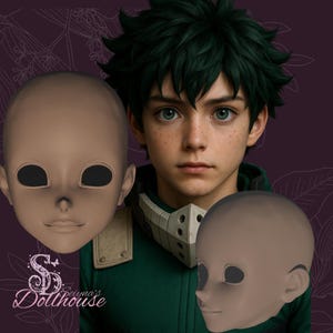 May include: A digital art piece featuring a young person with green hair and eyes, wearing a green jacket and a white and gray mask. Two doll heads are positioned on either side of the person. The logo "Seiyna's Dollhouse" is in the lower left corner.