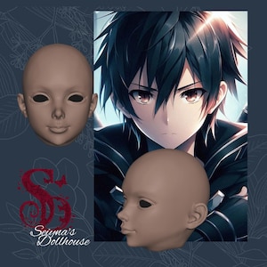 May include: A composite image featuring two doll heads and an anime-style illustration of a male character. The doll heads are a light brown color with blank eye sockets. The illustration depicts a young man with black hair and brown eyes. The text "Seiyna's Dollhouse" is also present.