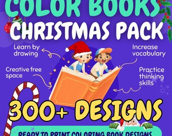 May include: A colorful illustration of a book with two children on top of it. The book is open and has a yellow cover with a red spine. The children are wearing Christmas hats and smiling. The text on the image reads "COLOR BOOKS CHRISTMAS PACK 300+ DESIGNS READY TO PRINT COLORING BOOK DESIGNS".
