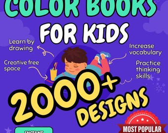 Könnte beinhalten: Ein lila Grafik, die "COLOR BOOKS FOR KIDS" mit über 2000 Designs bewirbt. Das Bild enthält ein Cartoon-Kind, Text über Lernen und Wortschatz sowie ein "MOST POPULAR"-Abzeichen. Es steht auch "INSTANT DOWNLOAD PDF".