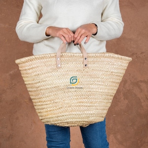 Straw Shoping  basket flat leather handle