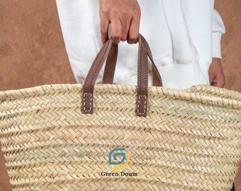 Straw Shoping  basket flat leather handle